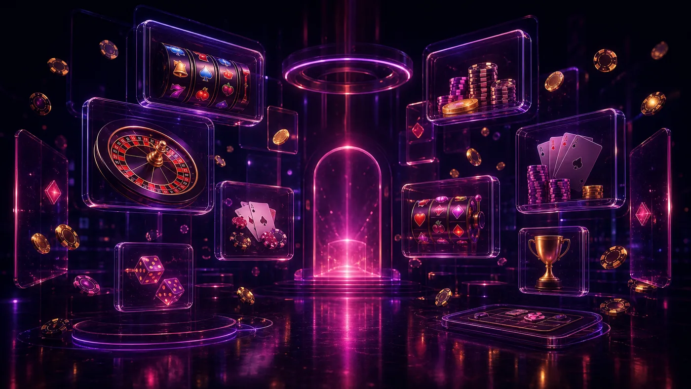 Panorama lobby NV Casino z wieloma kategoriami gier