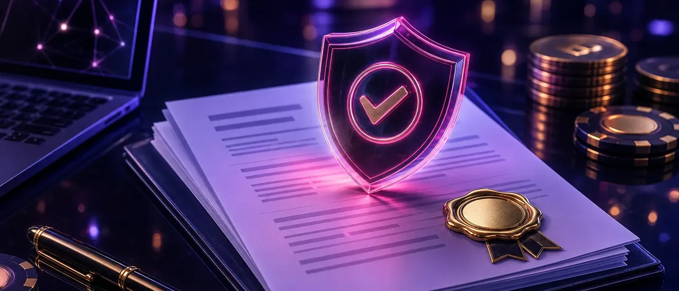Dokumenty regulaminu i polityki prywatności NV Casino na biurku obok laptopa