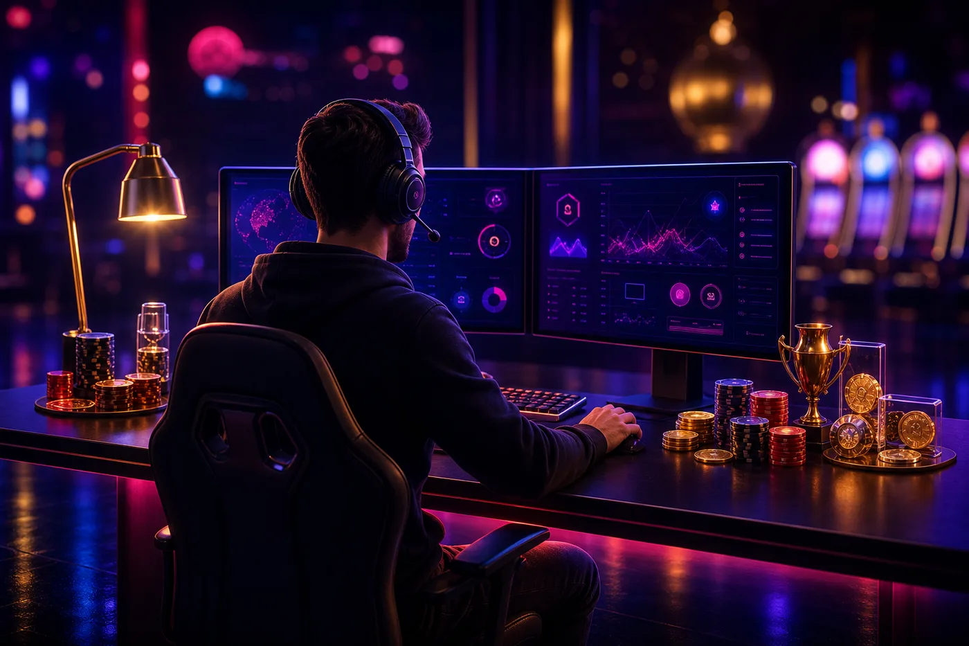 Konsultantka zespołu wsparcia NV Casino przy biurku z zestawem słuchawkowym